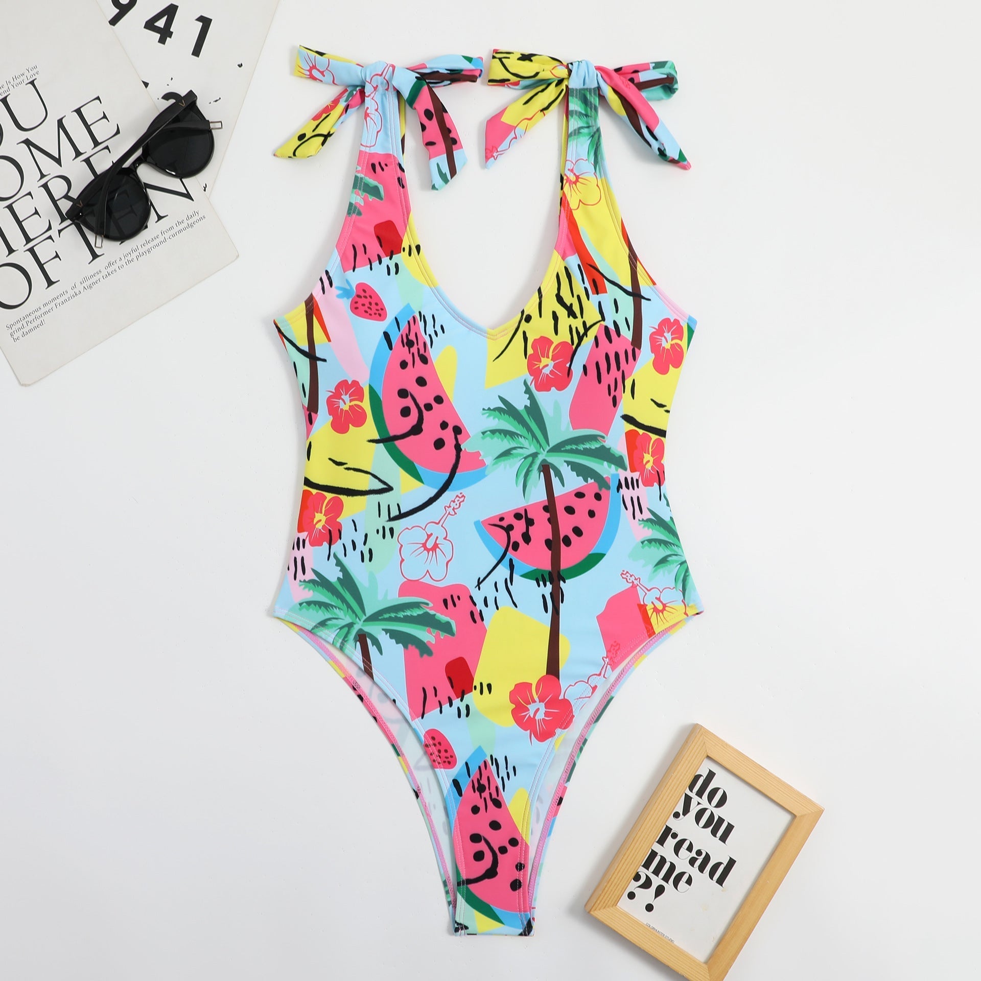 Multi Color Printed Heart Collar Bow Ladies Triangle One Piece Beauty Back Sexy Swimsuit Bikini Bella Mia